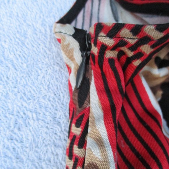 Badgley Mischka Midi Silk Dress Women’s 6 Red/Black Beaded Abstract Print Retro - Picture 9 of 16